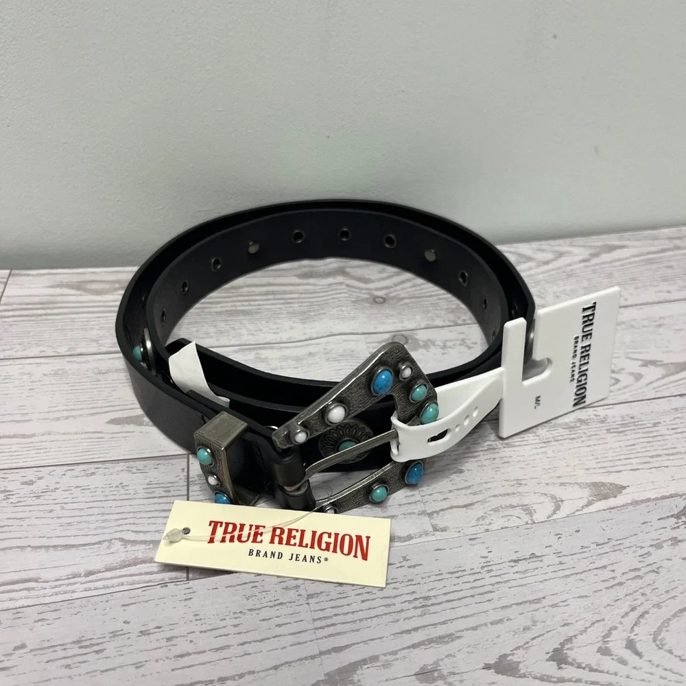 TRUE RELIGION Womens Stone Embellished Southwestern Faux Leather Black Belt M/L